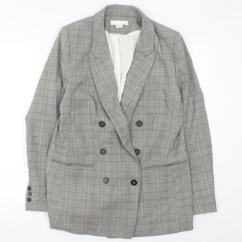 H&M Womens Grey Checked Double Breasted Suit Jacket Size 12
