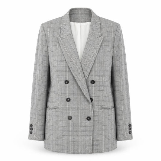 Front view of H&M women’s grey checked double breasted suit jacket, size UK 12