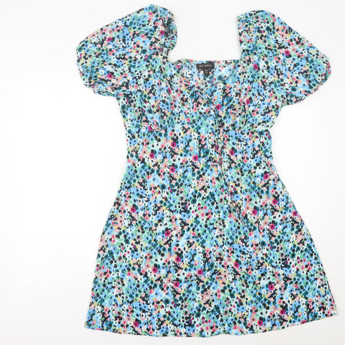 QED London Women’s Multicoloured Floral A-Line Puff Sleeve Dress UK 14