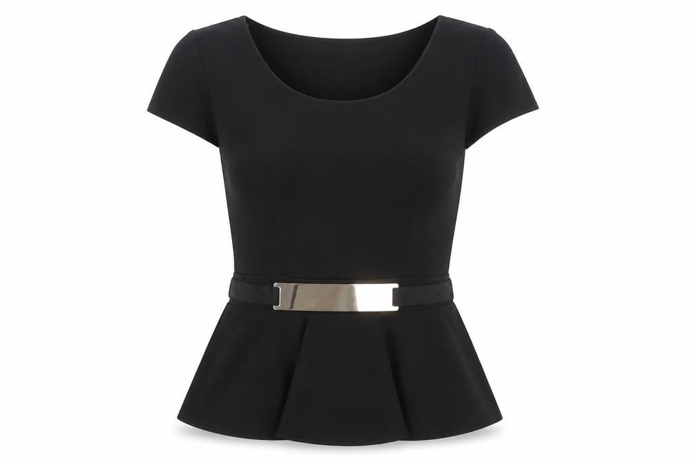 Front view of Select Women’s Black, size UK 6, Peplum Tunic Blouse with Belt