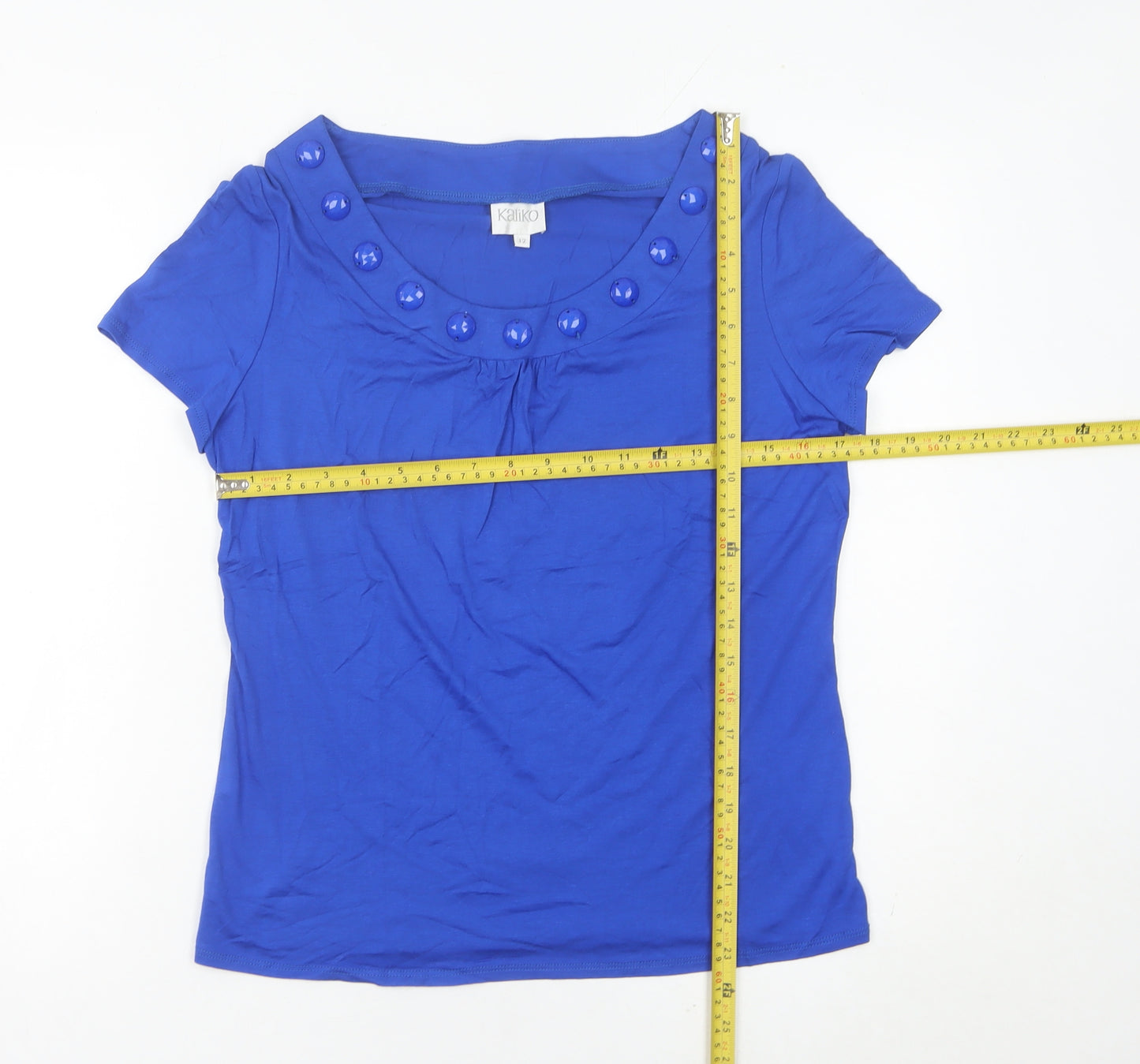 Kaliko Womens Blue Size 12 Scoop Neck Button Accent Short Sleeve Top