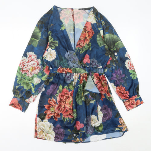 Zara Women Multicoloured Floral Playsuit XS V-Neck Long Sleeve