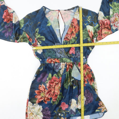 Zara Women Multicoloured Floral Playsuit XS V-Neck Long Sleeve