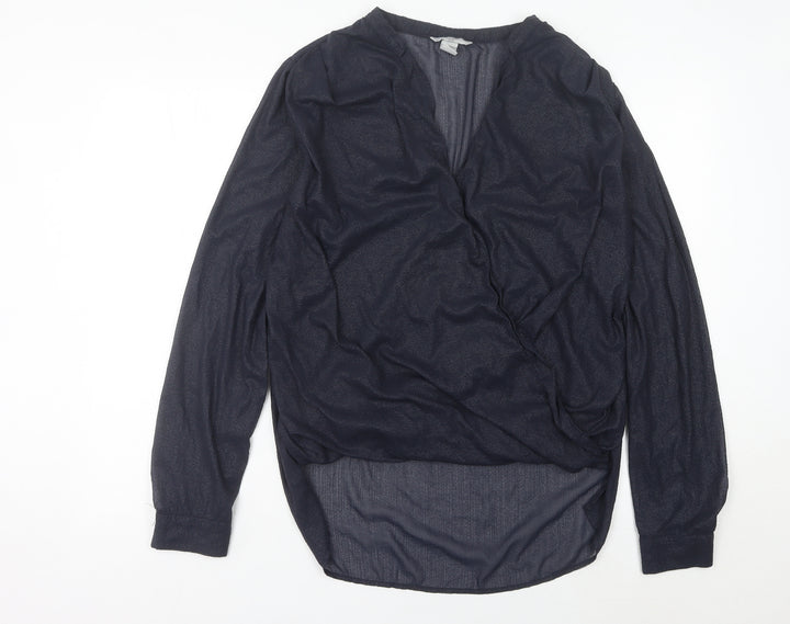 H&M Women’s Blue Sheer Wrap Blouse Size 14 Long Sleeve Polyester
