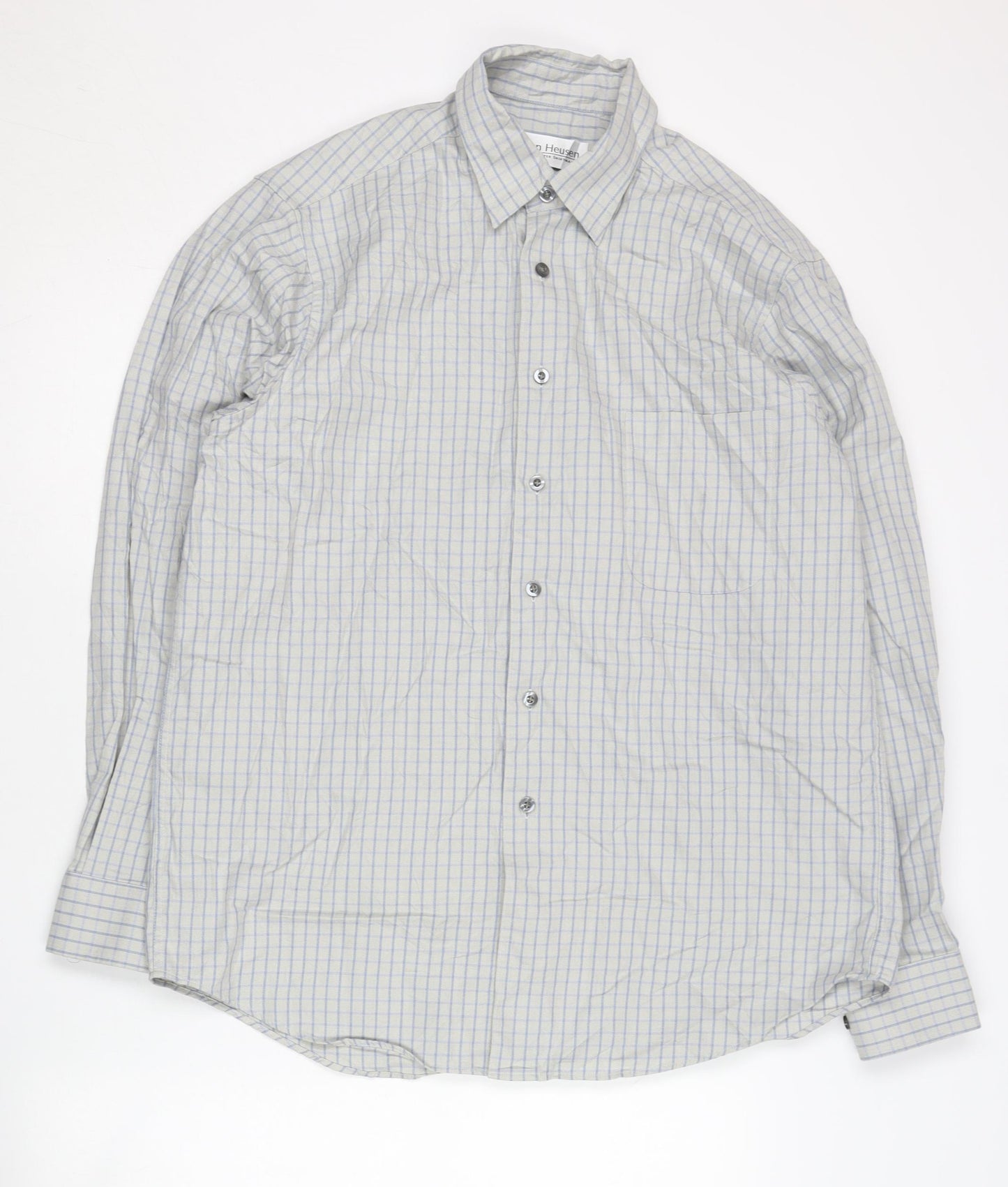 Van Heusen Men’s Grey Checked Cotton Long Sleeve Button-Up Shirt M