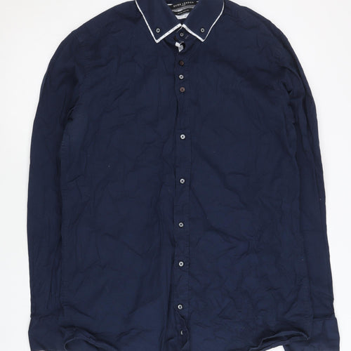 Guide London Mens Blue Long Sleeve Slim Fit Cotton Shirt L