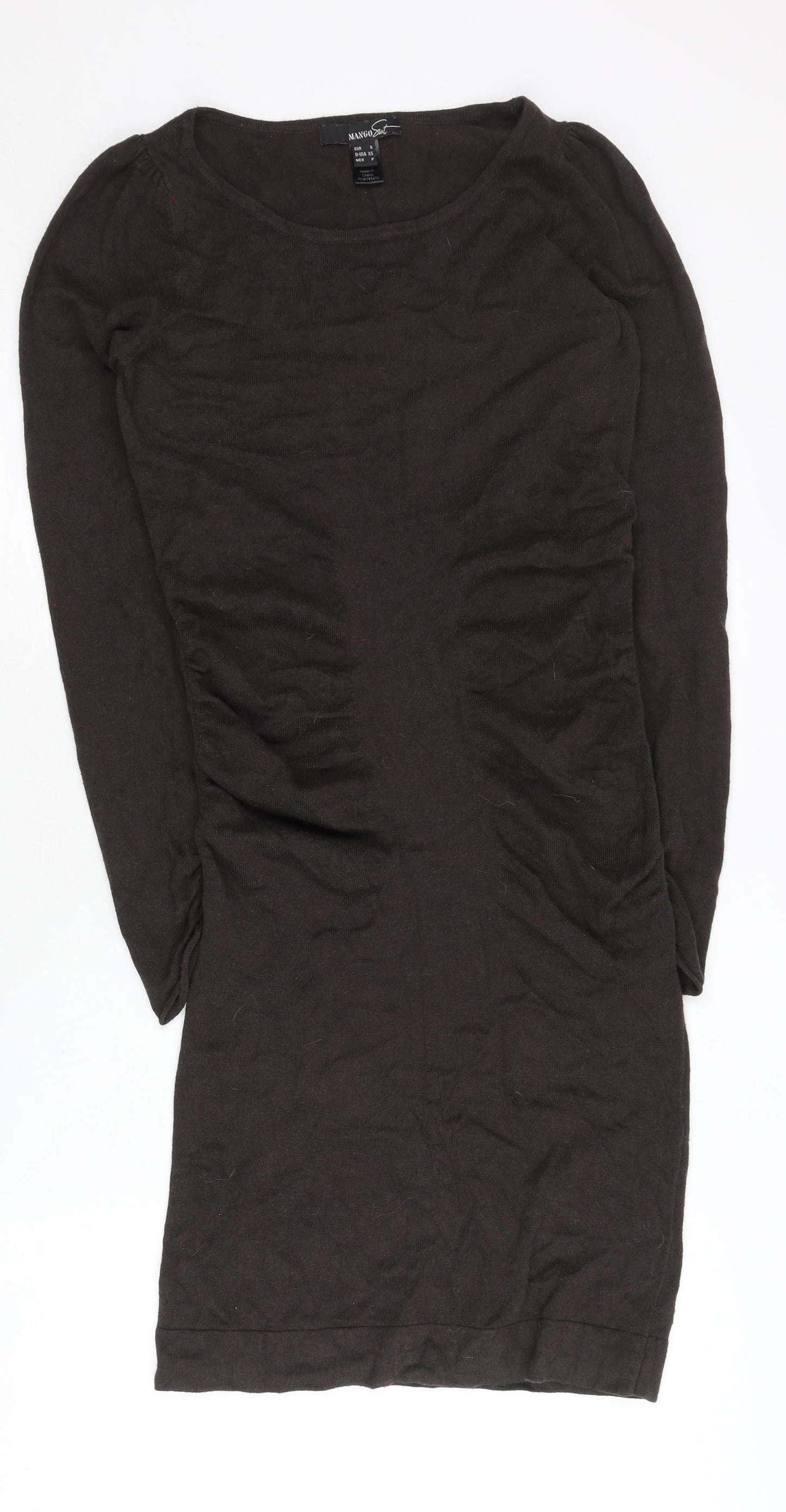 Mango Women Brown Bodycon Mini Dress Size 8 Long Sleeve Ruched