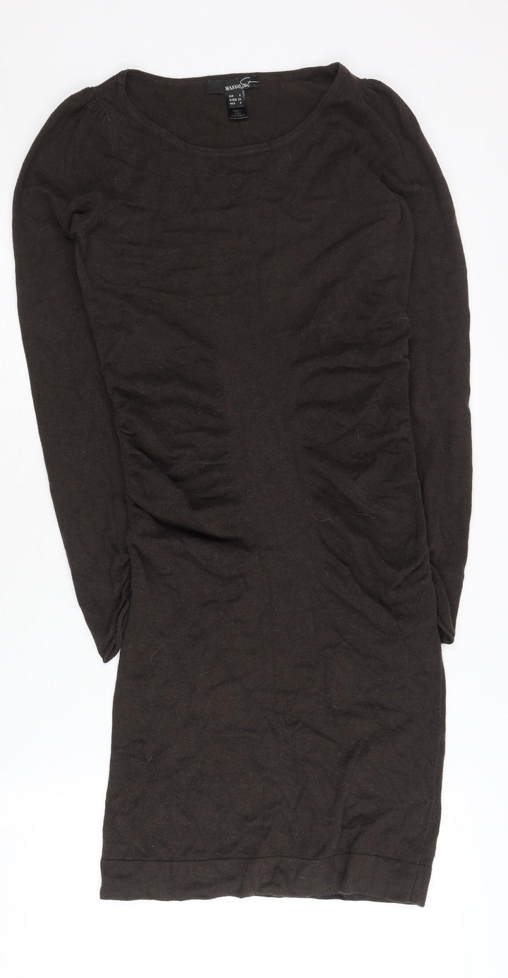 Mango Women Brown Bodycon Mini Dress Size 8 Long Sleeve Ruched