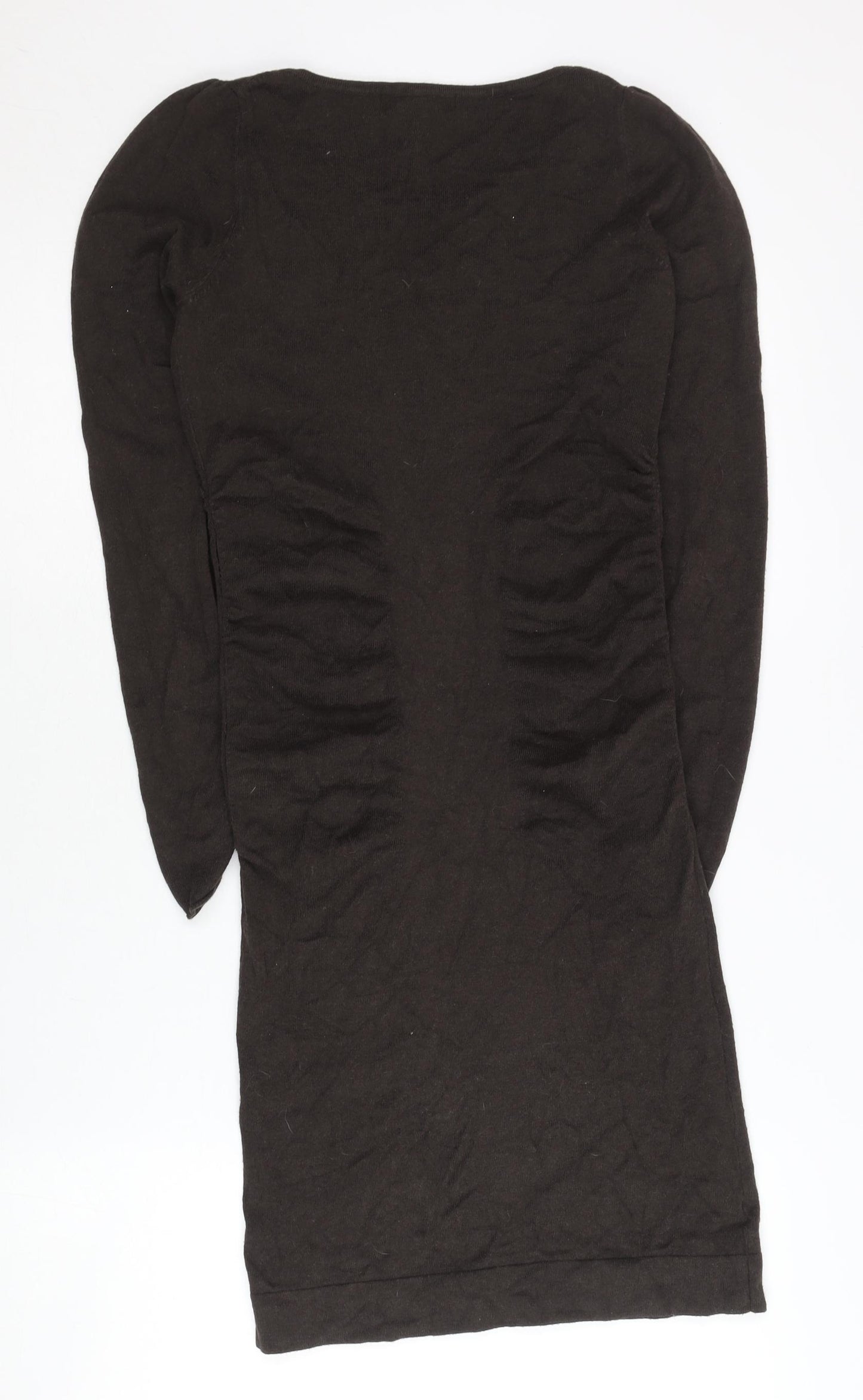 Mango Women Brown Bodycon Mini Dress Size 8 Long Sleeve Ruched
