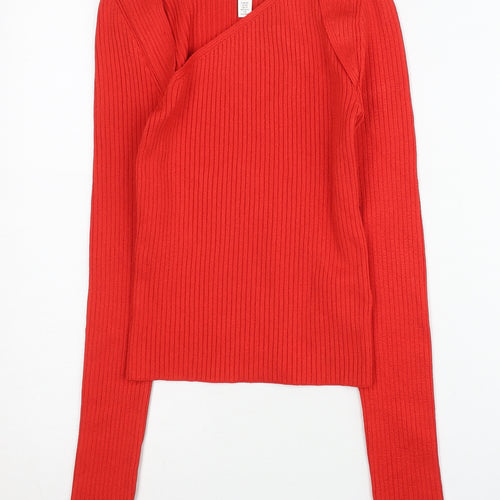 H&M Women Red XS Asymmetrical Neck Ribbed Slim Fit Jumper