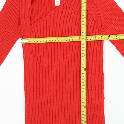 H&M Women Red XS Asymmetrical Neck Ribbed Slim Fit Jumper