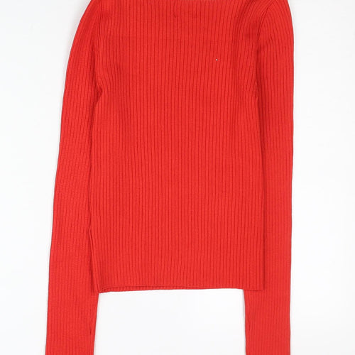 H&M Women Red XS Asymmetrical Neck Ribbed Slim Fit Jumper