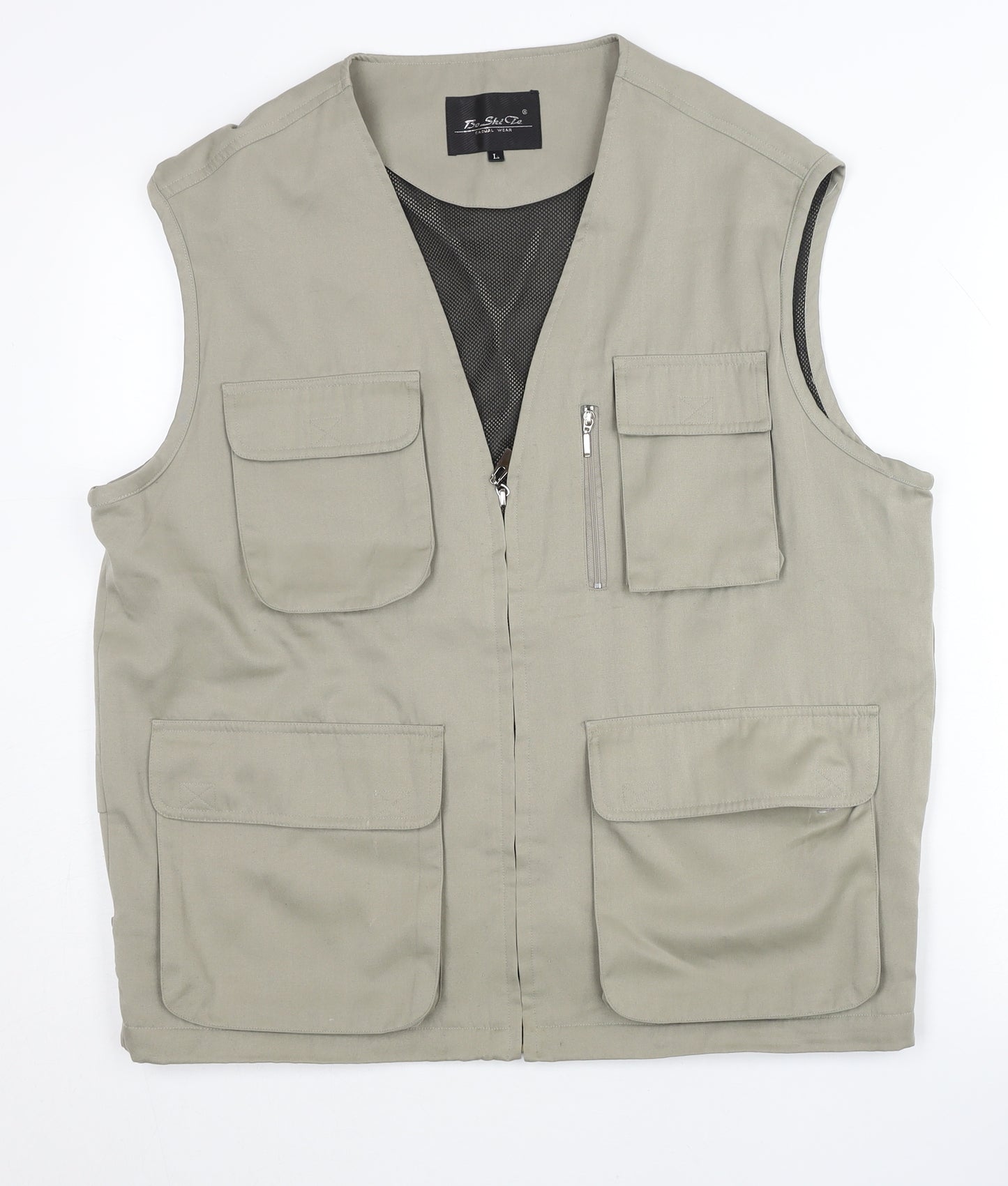 Bo Shi Te Men's Beige Waistcoat L Cotton Outdoor Multi Pocket