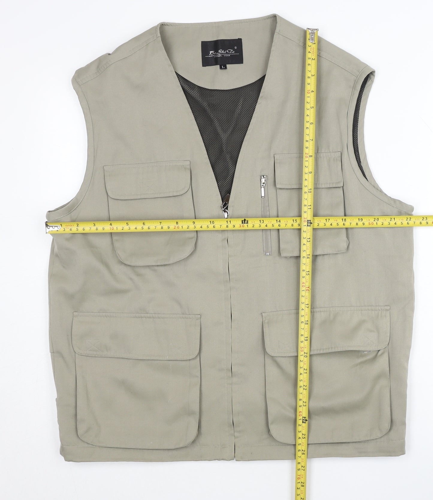 Bo Shi Te Men's Beige Waistcoat L Cotton Outdoor Multi Pocket
