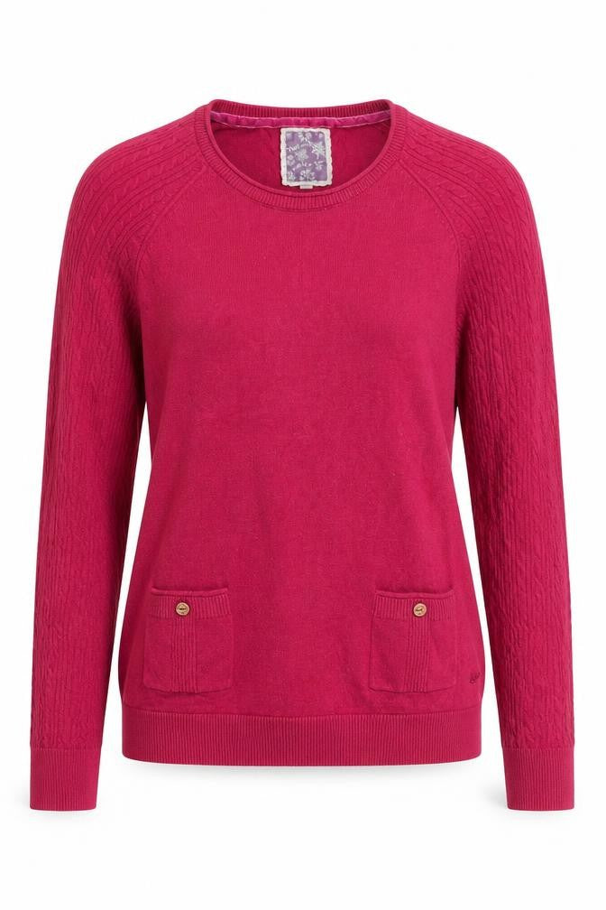 Front view of Mantaray women’s pink cable-knit jumper, size UK 10