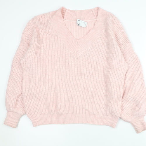 ASOS DESIGN Womens Pink V-Neck Chunky Knit Pullover Jumper Size 18