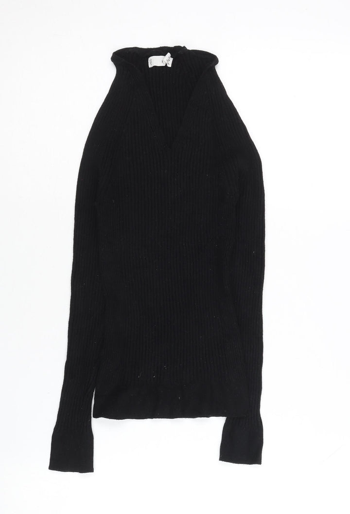 MNG Womens Black Slim Fit V-Neck Ribbed Pullover Jumper Size M