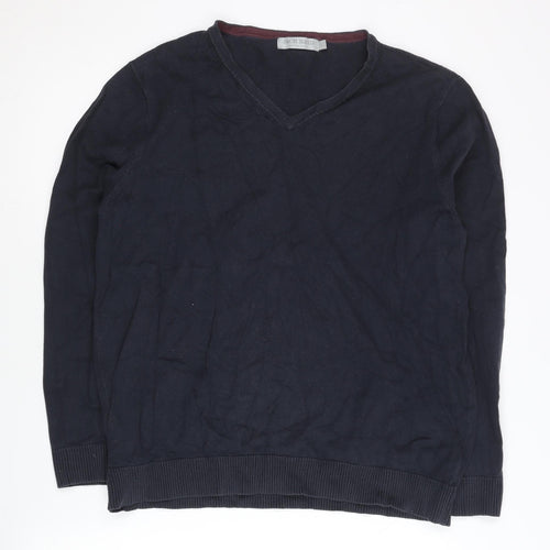 Jack Reid Men's Blue Cotton Blend V-Neck Jumper Size L Long Sleeve