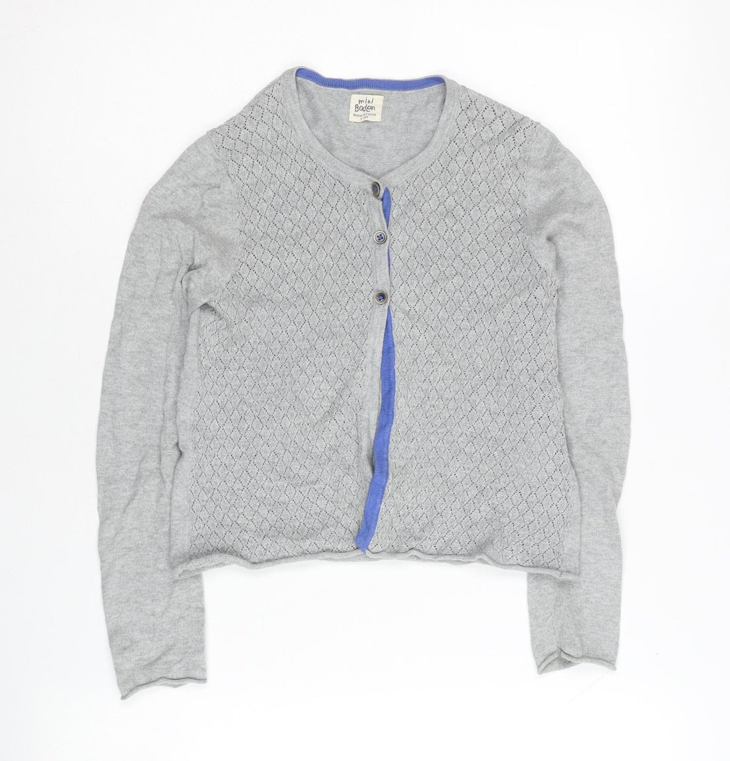 Mini Boden Girls Grey Diamond Knit Cardigan 9-10 Years Cotton Cashmere