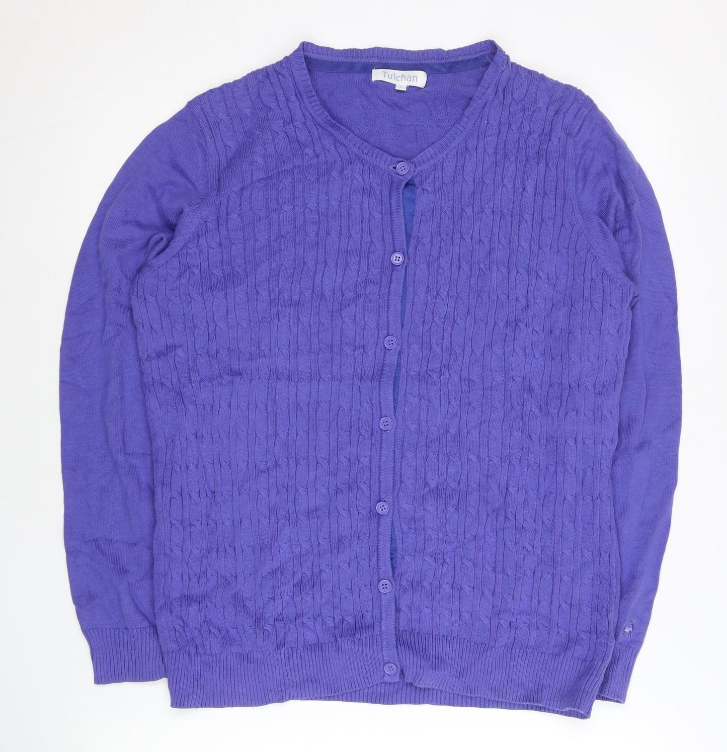Tulchan Womens Purple Cotton Button Cable Knit Cardigan L