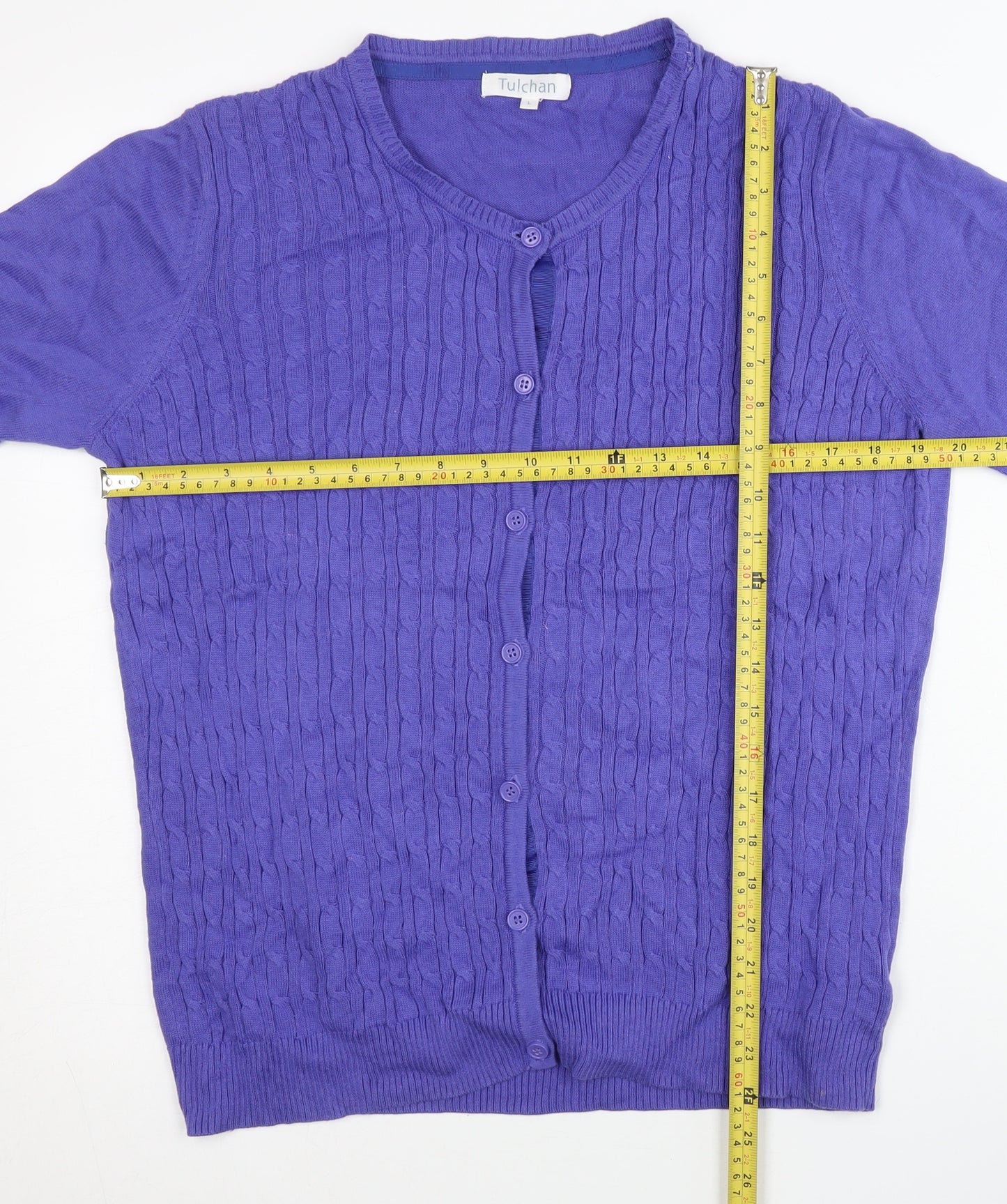 Tulchan Womens Purple Cotton Button Cable Knit Cardigan L