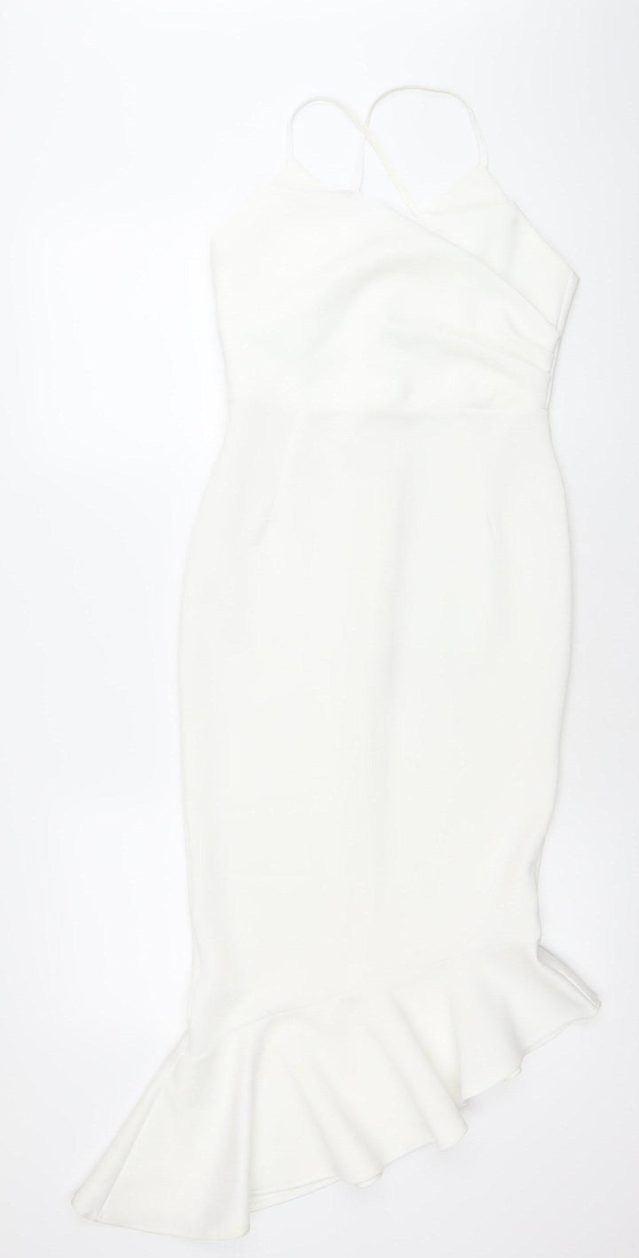 ASOS Women White Size 10 Bodycon Midi Dress Ruffle Hem V-Neck