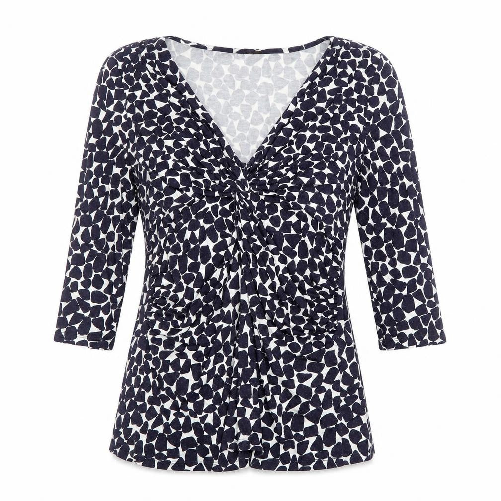 Front view of Phase Eight Women’s Blue Geometric V-Neck Tunic Blouse, size UK 14