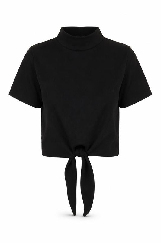 Front view of PRETTYLITTLETHING Women’s Black, size UK 8, Cropped Mock Neck T-Shirt