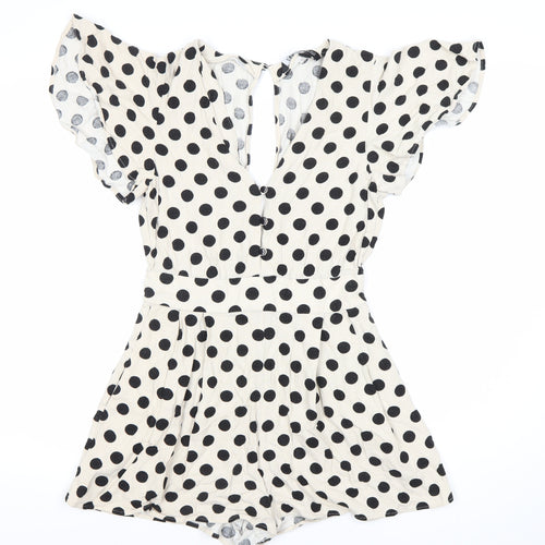ZARA Women Ivory Black Polka Dot V-Neck Playsuit Size 6