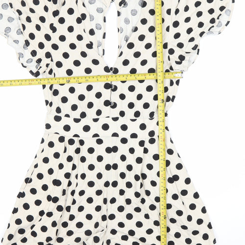 ZARA Women Ivory Black Polka Dot V-Neck Playsuit Size 6