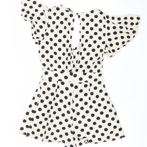 ZARA Women Ivory Black Polka Dot V-Neck Playsuit Size 6