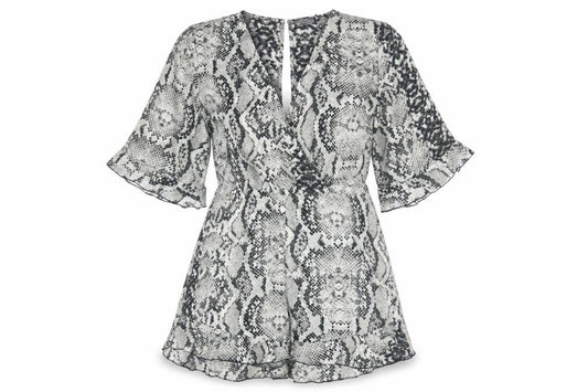 Front view of PRETTYLITTLETHING Women’s Multicoloured Snake Print, size UK 12, Playsuit