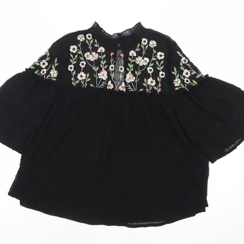 New Look Womens Black Floral Embroidered Tunic Blouse Size 8