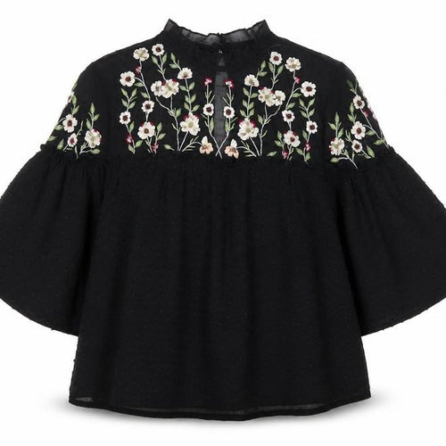 New Look Womens Black Floral Embroidered Tunic Blouse Size 8