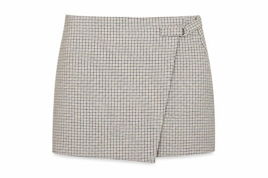 Front view of Cotton On Women’s Beige Check Wrap Skirt S Short Twill Casual