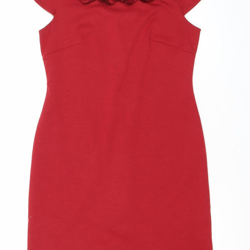 Laura Ashley Women Red Size 10 Sheath Dress Floral Appliqué Knee Length