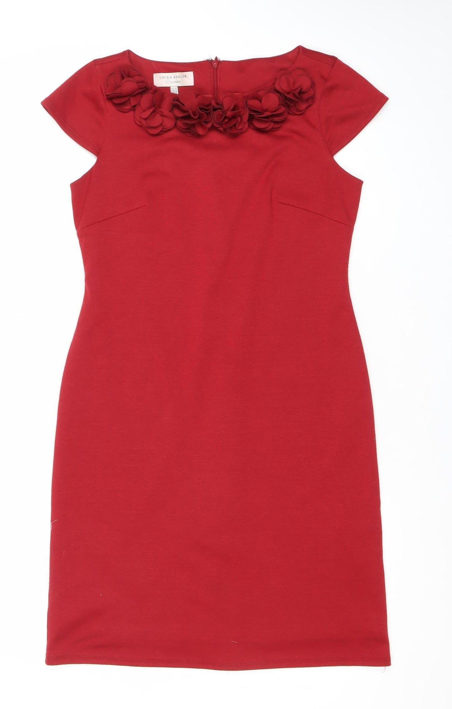 Laura Ashley Women Red Size 10 Sheath Dress Floral Appliqué Knee Length