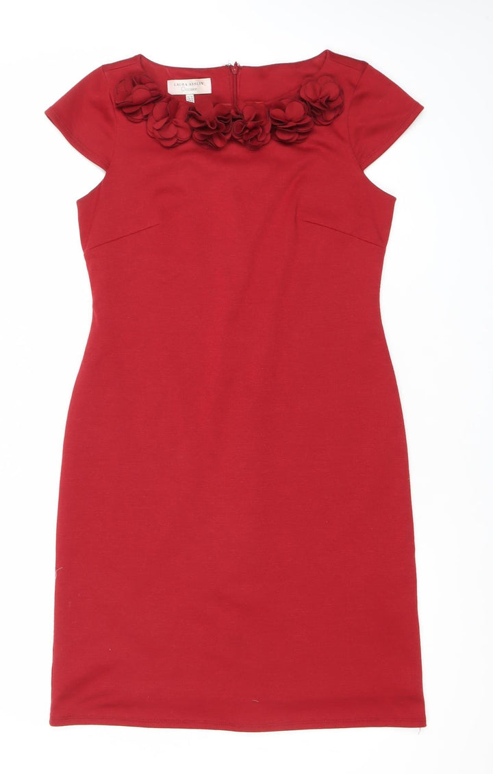 Laura Ashley Women Red Size 10 Sheath Dress Floral Appliqué Knee Length