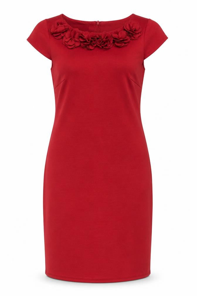 Laura Ashley Women Red Size 10 Sheath Dress Floral Appliqué Knee Length