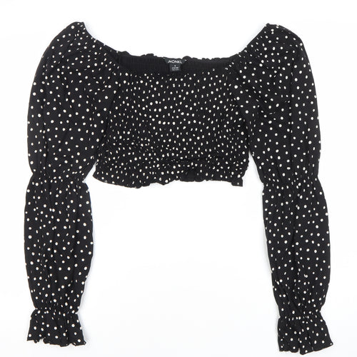 Monki Women Black Polka Dot Cropped Blouse S Puff Sleeve