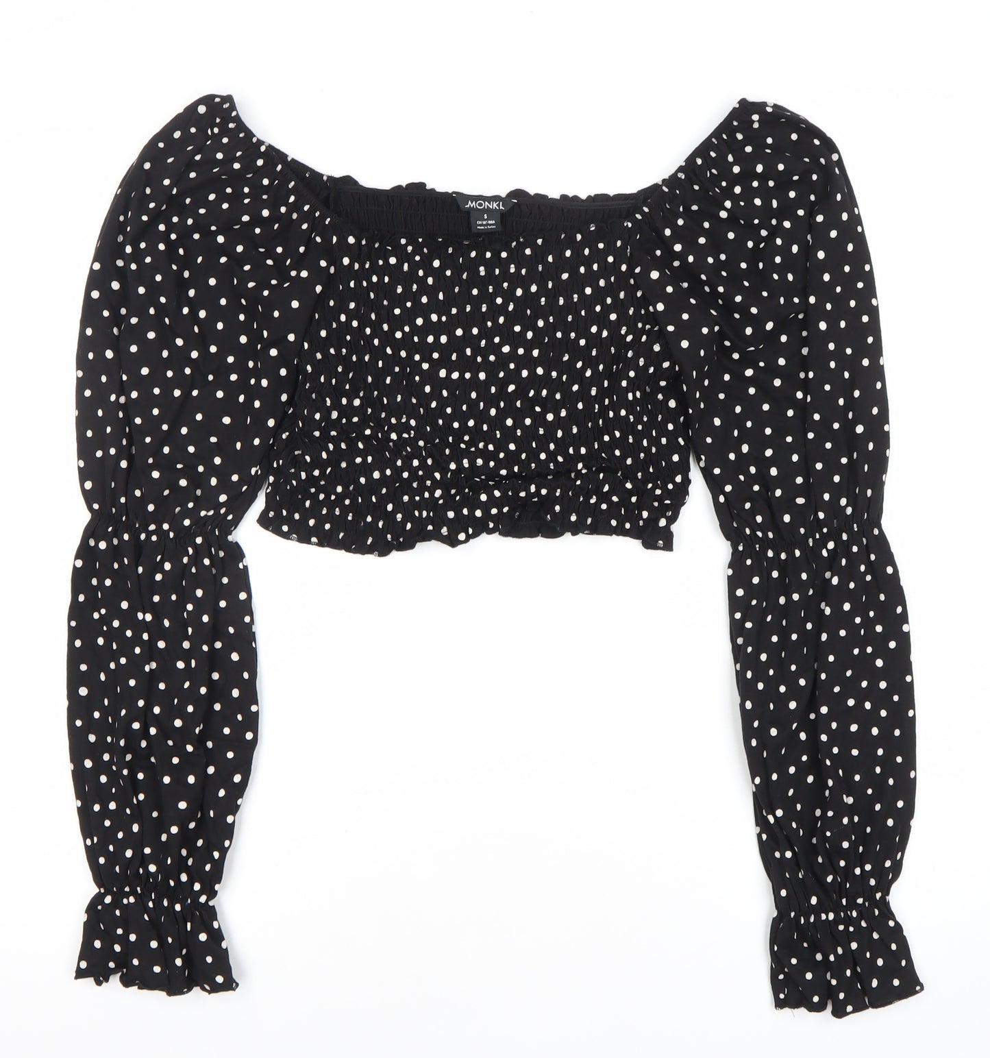 Monki Women Black Polka Dot Cropped Blouse S Puff Sleeve
