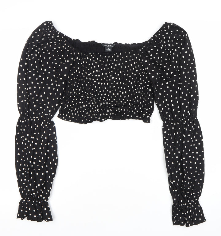 Monki Women Black Polka Dot Cropped Blouse S Puff Sleeve
