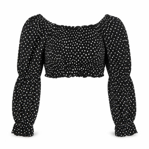 Monki Women Black Polka Dot Cropped Blouse S Puff Sleeve