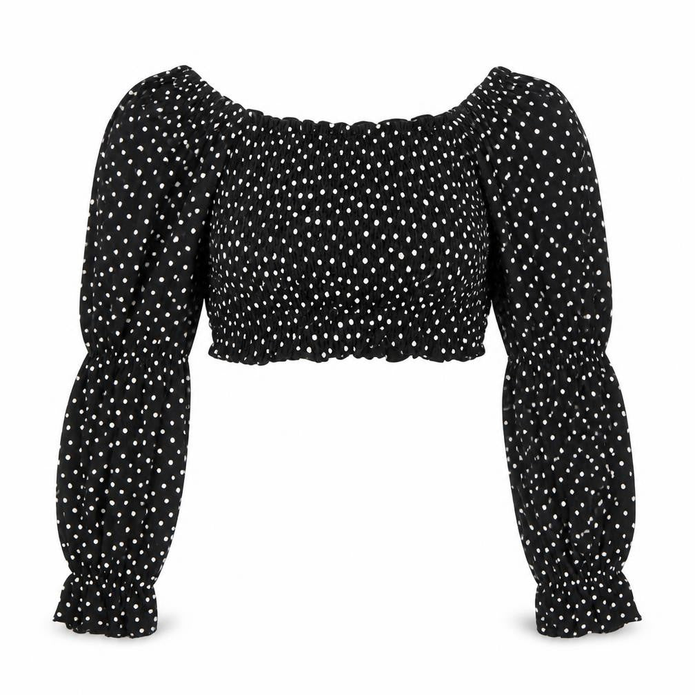 Monki Women Black Polka Dot Cropped Blouse S Puff Sleeve