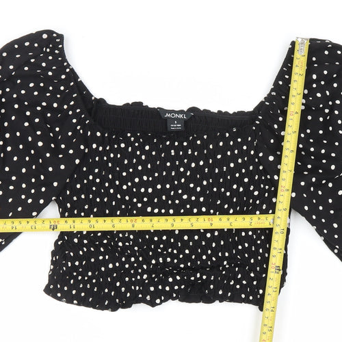 Monki Women Black Polka Dot Cropped Blouse S Puff Sleeve
