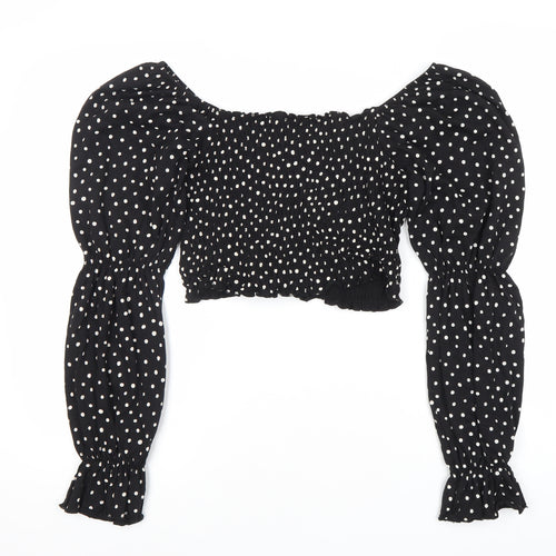 Monki Women Black Polka Dot Cropped Blouse S Puff Sleeve