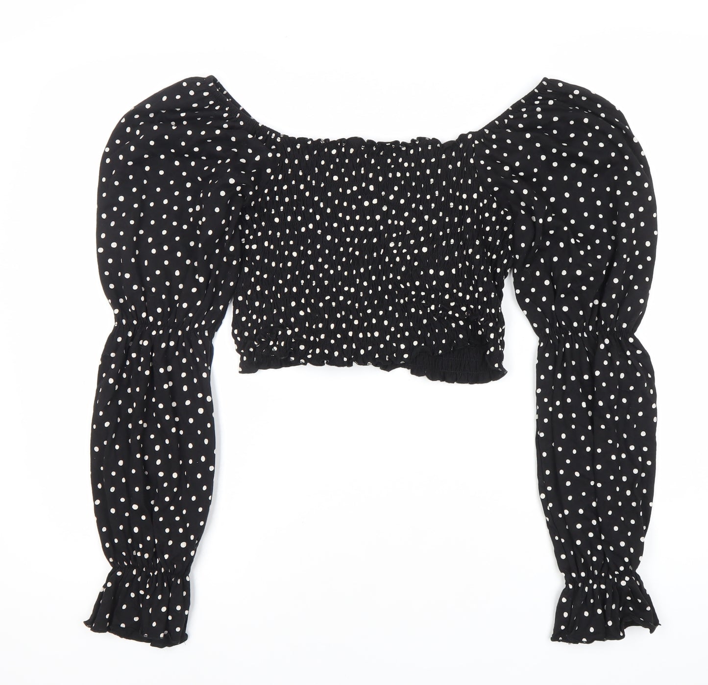 Monki Women Black Polka Dot Cropped Blouse S Puff Sleeve
