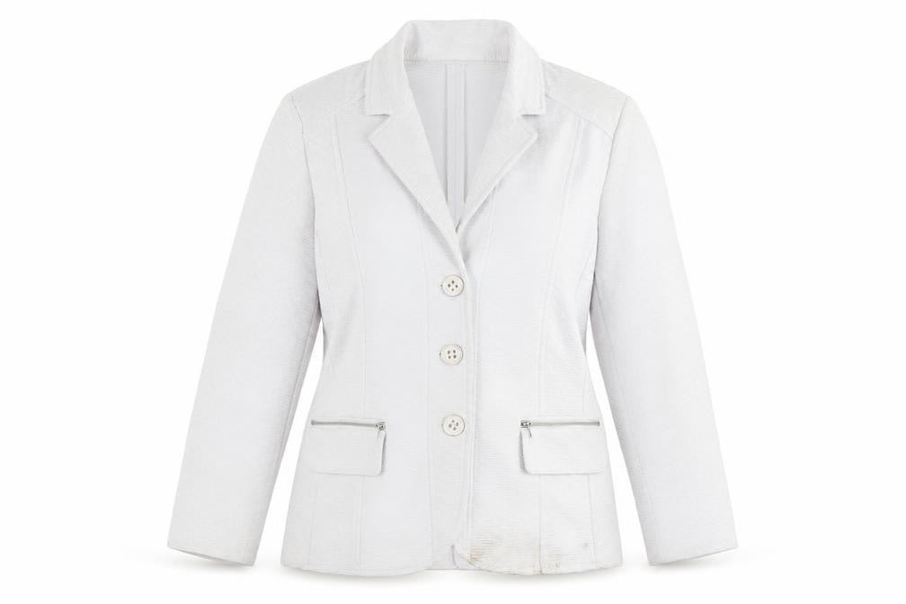 Front view of B.D.G. Dutch women’s white blazer jacket, size M, single breasted