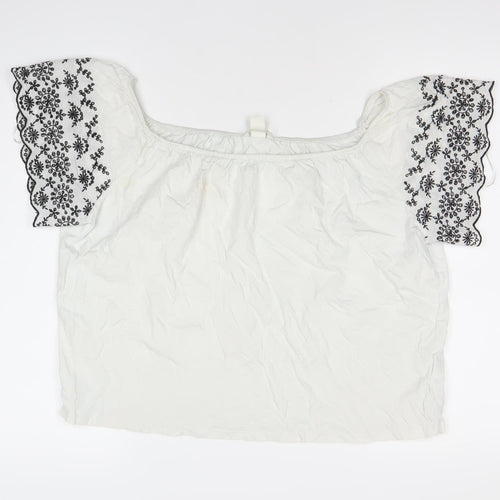 H&M Womens White Embroidered Floral Boho Blouse Size 12