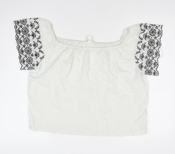 H&M Womens White Embroidered Floral Boho Blouse Size 12